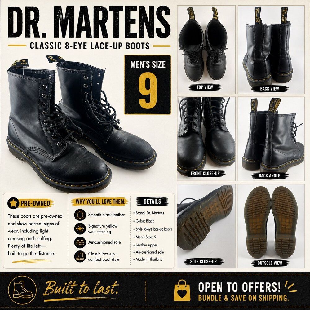 Dr. Martens Men’s Size 9 Black Leather 8-Eye Lace Up Combat Boots
